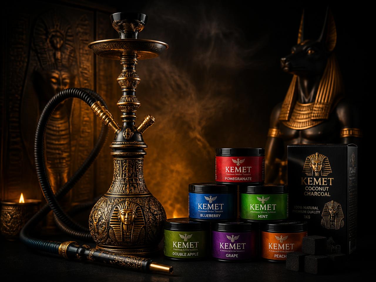 Ornate hookah with colorful shisha tins and coconut charcoal